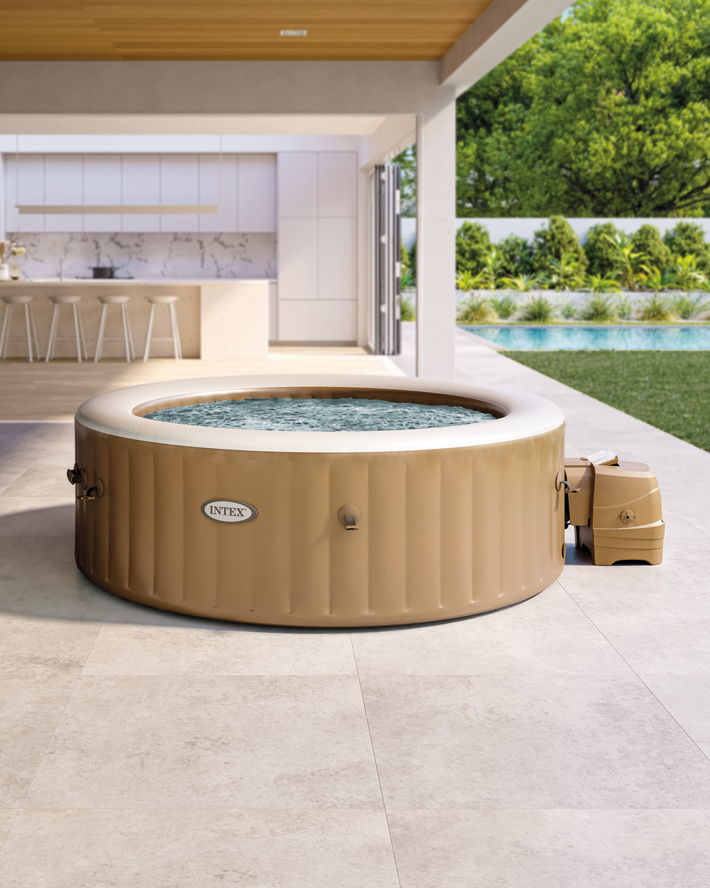 PureSpa™ Sahara Tan Round Bubble Inflatable Spa Set - 6-Person - INTEX